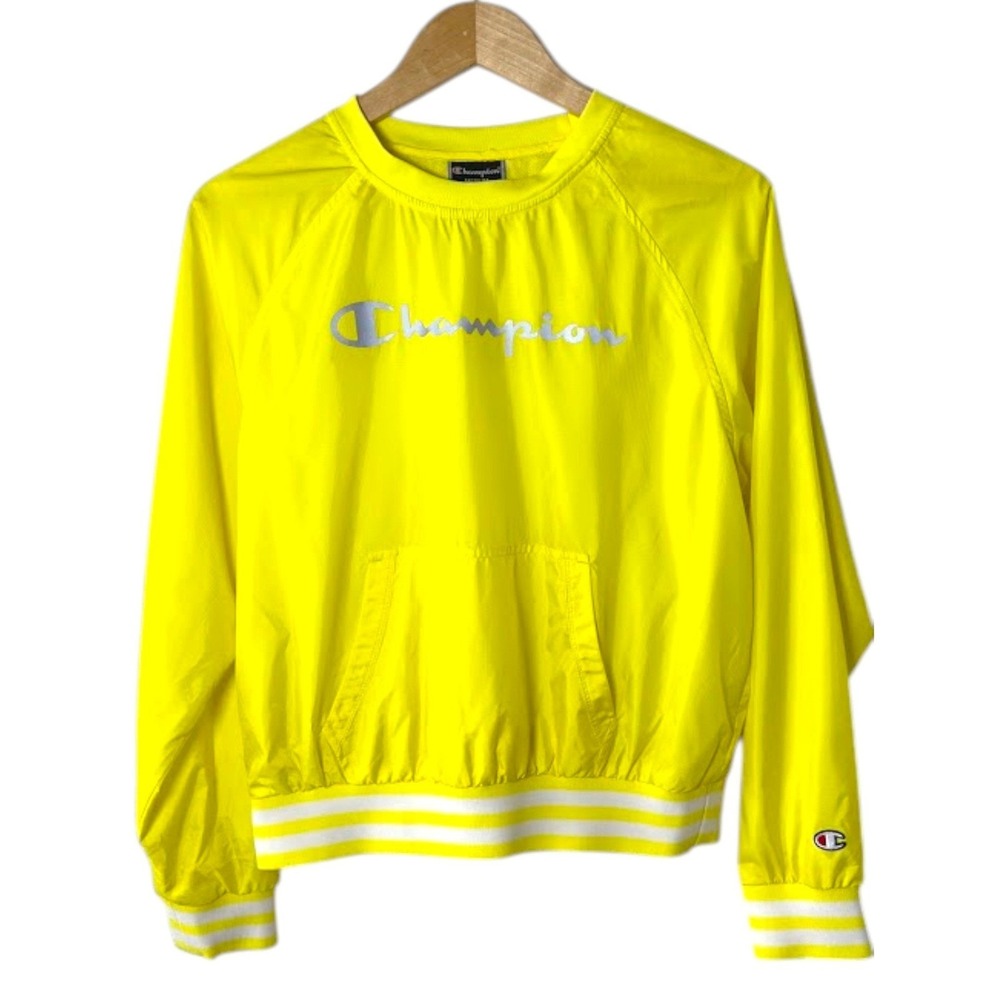 Champion Womens Neon Yellow Pullover Windbreaker Jacket Medium Logo Athletic